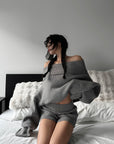 WARDEN EDGE Off-Shoulder Knit Sweater and Shorts Set - PINKPARKS