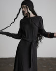 DOINDULGE Off-Shoulder Long Sleeve Dress with Raw Edges and Belt
