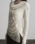 DOINDULGE Textured Knit Asymmetric Buttoned Long Sleeve Top