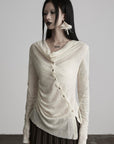 DOINDULGE Textured Knit Asymmetric Buttoned Long Sleeve Top