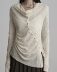 DOINDULGE Textured Knit Asymmetric Buttoned Long Sleeve Top