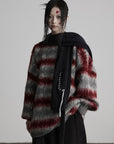 DOINDULGE Striped Fuzzy Knit Sweater Oversized Pullover Red Grey