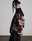 DOINDULGE Striped Fuzzy Knit Sweater Oversized Pullover Red Grey