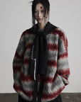 DOINDULGE Striped Fuzzy Knit Sweater Oversized Pullover Red Grey