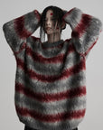 DOINDULGE Striped Fuzzy Knit Sweater Oversized Pullover Red Grey