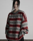 DOINDULGE Striped Fuzzy Knit Sweater Oversized Pullover Red Grey