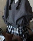 WARDEN EDGE Grey Knit Pullover & Asymmetrical Plaid Skirt Set - PINKPARKS