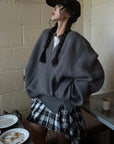 WARDEN EDGE Grey Knit Pullover & Asymmetrical Plaid Skirt Set - PINKPARKS
