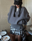 WARDEN EDGE Grey Knit Pullover & Asymmetrical Plaid Skirt Set - PINKPARKS