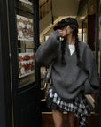 WARDEN EDGE Grey Knit Pullover & Asymmetrical Plaid Skirt Set - PINKPARKS