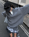 WARDEN EDGE Grey Knit Pullover & Asymmetrical Plaid Skirt Set - PINKPARKS