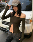 ROVENTE Off-Shoulder Slim-Fit Long Sleeve Top with Front Hem Slit - PINKPARKS