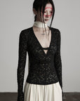 DOINDULGE Ruched Lace Knit Top with Cutout and Thumbhole Sleeves