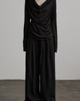 DOINDULGE Asymmetric Drape Long Sleeve Top with Deconstructed Button Design