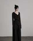 DOINDULGE Asymmetric Drape Long Sleeve Top with Deconstructed Button Design