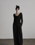 DOINDULGE Asymmetric Drape Long Sleeve Top with Deconstructed Button Design