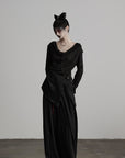 DOINDULGE Asymmetric Drape Long Sleeve Top with Deconstructed Button Design