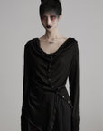 DOINDULGE Asymmetric Drape Long Sleeve Top with Deconstructed Button Design