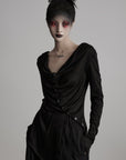 DOINDULGE Asymmetric Drape Long Sleeve Top with Deconstructed Button Design