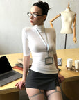 0122stepll Haut ajusté à col montant et manches mi-longues