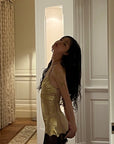 DreamyNerd Golden Lace-Trim Mini Slip Dress