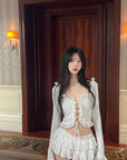 DreamyNerd Rosette Lace-Up Cardigan & Ruffle Mini Skirt Set – Ivory Whimsy