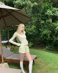 Rase Le Sol Cream Yellow Fitted Long-Sleeve Tee & Relaxed Shorts Set - PINKPARKS
