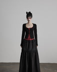 DOINDULGE Cutout Button Knit Top with Lace Inset