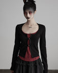 DOINDULGE Cutout Button Knit Top with Lace Inset