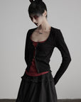 DOINDULGE Cutout Button Knit Top with Lace Inset