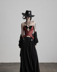 DOINDULGE Draped Maxi Skirt with Embroidered Tassel Straps