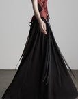 DOINDULGE Draped Maxi Skirt with Embroidered Tassel Straps