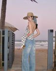ROVENTE Draped Plaid Halter Top with Open Back - PINKPARKS