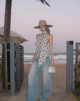 ROVENTE Draped Plaid Halter Top with Open Back - PINKPARKS