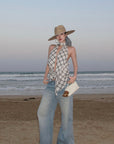 ROVENTE Draped Plaid Halter Top with Open Back - PINKPARKS