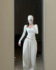ROVENTE Drawstring Wide-Leg Trousers in White - PINKPARKS