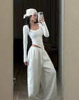 ROVENTE Drawstring Wide-Leg Trousers in White - PINKPARKS