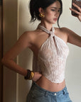 ROVENTE Backless Lace Halter Draped Top - PINKPARKS