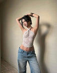 ROVENTE Backless Lace Halter Draped Top - PINKPARKS