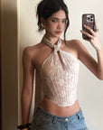 ROVENTE Backless Lace Halter Draped Top - PINKPARKS