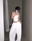 ROVENTE Drawstring Wide-Leg Trousers in White - PINKPARKS
