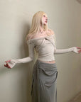 Rase le sol Twisted Off-Shoulder Ribbed Top - PINKPARKS