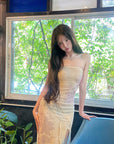 DreamyNerd Strapless Mesh Maxi Dress with Floral Embellishment