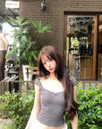 DreamyNerd Rosette Trim Fitted Cap Sleeve Top