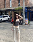 DreamyNerd Ruffled Satin Wide-Leg Pants with Detachable Mini Pouch - PINKPARKS