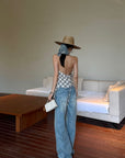 ROVENTE Draped Plaid Halter Top with Open Back - PINKPARKS