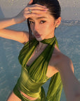 ROVENTE Satin Mesh-Drape Halter Top & Micro Mini Skirt Set - PINKPARKS