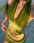 ROVENTE Satin Mesh-Drape Halter Top & Micro Mini Skirt Set - PINKPARKS