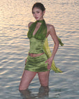 ROVENTE Satin Mesh-Drape Halter Top & Micro Mini Skirt Set - PINKPARKS