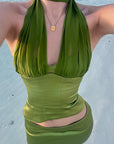 ROVENTE Satin Mesh-Drape Halter Top & Micro Mini Skirt Set - PINKPARKS